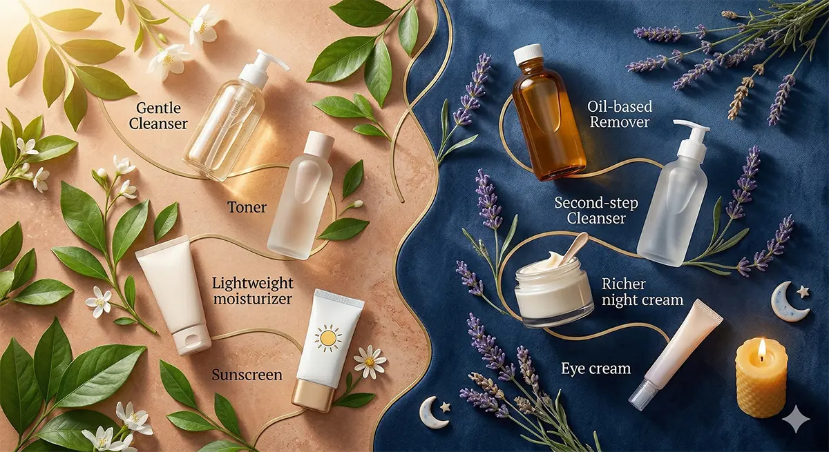 Reggeli és esti arcápolási rutin termékei: tisztító, toner, C-vitamin szérum, fényvédő, hialuronsav és éjszakai krém.
